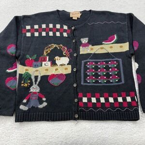 Woolrich Women's Black Knit Cardigan Sweater Cute Animals & Blocks L Teacher